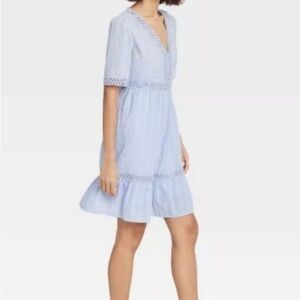 KNOX ROSE Boho Light Blue Embroidered Short SLV Tiered V-Neck Slip Lined Dress M